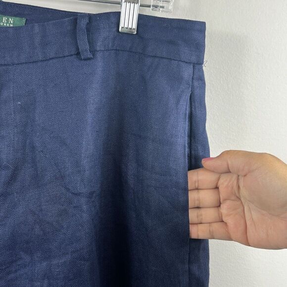 Lauren Ralph Lauren Navy Blue 100% Linen Wide Leg Trousers Pants 10 - Picture 4 of 12